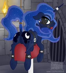 2019 alicorn anus ass ball_gag bondage bondage_furniture bound crotchboobs cutie_mark dungeon equid eyelashes female feral friendship_is_magic gag hair hi_res horn inside looking_at_viewer looking_back mammal my_little_pony princess_luna_(mlp) pussy solo virenth wings