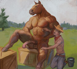 abs animal_genitalia animal_penis anthro balls bandana belt boots bottomless bottomwear brush brushing bucket clothed clothing cowboy_hat crate equid equine equine_penis erection footwear half-erect hands_on_hips hat headgear headwear hooves horse horsecock human human_on_anthro interspecies jeans larger_anthro larger_male male male/male mammal medial_ring muscular muscular_male nude open_mouth orcfun outside pants pecs penis sheath sitting size_difference smaller_human smaller_male vein