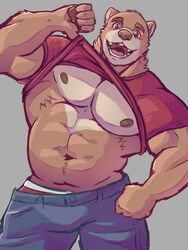 2019 acephlosion anthro big_muscles black_nipples bottomwear brown_body brown_eyes brown_fur clothing eyebrows fur hi_res jeans looking_at_viewer male male_only mammal muscular muscular_male nipples pants shirt smile solo standing t-shirt thick_eyebrows topwear underwear undressing ursid