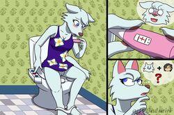 animal_crossing anthro arctic_wolf blue_eyes blush breasts caluriri canid canine canis clothing detailed_background dress female flushing fur mammal nintendo panties panties_down pregnancy_test purple_clothing purple_dress pussy shocked solo thinking toilet underwear video_games white_body white_fur whitney_(animal_crossing) wolf