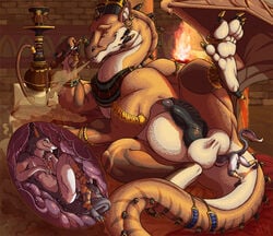 5_toes amber_eyes anal anal_sex anal_vore anklet anthro anthro_on_feral anthro_prey anus armomen balls bangle barbed_penis bed belly big_dom_small_sub bracelet castle cutaway detailed detailed_background dragon duo ear_piercing endosoma erection feral feral_pred fire fireplace fur furniture furred_dragon gold_(material) half-closed_eyes hi_res hindpaw hookah horn humanoid_penis inside internal jewelry knot larger_feral larger_male larger_pred male male/male male_pred male_prey malfaren membrane_(anatomy) membranous_wings muscular muscular_feral muscular_male necklace on_bed pawpads paws penetration penis piercing raised_leg ring scalie sergal size_difference smaller_anthro smaller_male smaller_prey smile smoke smoking tail_jewelry teeth temple thumb_ring toe_ring toes vore willing_vore wings zoophilia