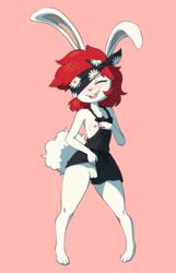 2019 :3 anthro bandana blush breasts clothed clothing clothing_lift digital_media_(artwork) eye_patch eyewear female flashing fur hair hi_res kahunakilolani lagomorph leporid mammal open_mouth overalls pussy rabbit red_hair short_hair shortstack simple_background smile solo teeth wide_hips yoko_(kahunakilolani)