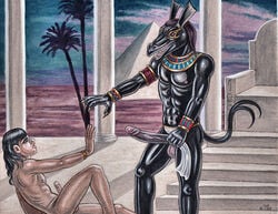 anthro balls big_penis claws deity egyptian_mythology erection flaccid human male male/male mammal middle_eastern_mythology muscular mythology nude penis set_(deity) set_(species) solo tristanalexander