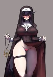 babo black_hair blush bottomless closed_eyes exposed_pussy garter_belt habit heart_censor huge_breasts long_hair naughty_nun no_panties nun original revealing shaved_pussy thick_thighs veil very_long_hair