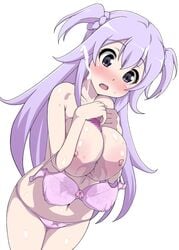 1girls blush bra censored cum cum_outside female gakusen_toshi_asterisk huge_breasts long_hair looking_down nipples paizuri panties purple_eyes purple_hair ruskin solo solo_female toudou_kirin twintails underwear white_background