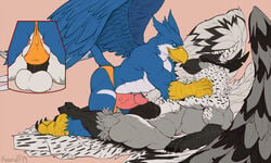 2019 2_toes 3_toes 5_fingers anthro avian backsack balls beak bird black_penis black_sclera blue_body blue_eyes blue_feathers clothing digital_media_(artwork) duo duo_focus erection feathered_wings feathers fingers frottage grey_body grey_feathers group humanoid humanoid_penis jockstrap koorivlf male male/male muscular muscular_male nipples nude penis red_eyes sex simple_background smile talons toes underwear white_body white_feathers wings