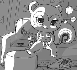 :3 alcohol animal_crossing anthro anus beverage breasts drunk female furniture line_art looking_at_viewer mammal monochrome nintendo pawpads pecan_(animal_crossing) presenting presenting_pussy pussy rodent sciurid simski sofa solo spread_legs spread_pussy spreading substance_intoxication video_games wine