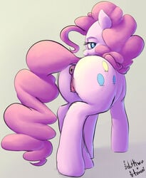 anus ass big_butt blue_eyes bodily_fluids clitoris dotkwa female feral friendship_is_magic genital_fluids hi_res looking_back my_little_pony pinkie_pie_(mlp) pussy solo towai