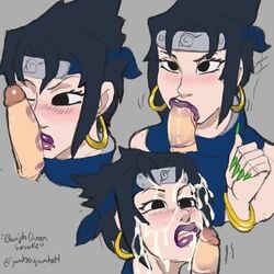 2boys blowjob cum cum_in_mouth cum_inside cum_on_face facejob facial fellatio femboy gay girly hoop_earrings jumbogumbo kissing_penis lipstick lipstick_mark lipstick_on_penis lipstick_ring long_fingernails male_only naruto naruto_(series) naruto_shippuden oral oral_sex penis_on_face purple_lipstick sasuke_uchiha thick_lips yaoi