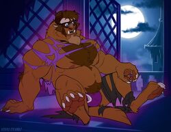 1boy 2019 4_toes 5_fingers anthro beast_(disney) beauty_and_the_beast biceps blue_eyes body_hair briefs brown_hair bulge chest_hair clothing curtains dangaroo disney eyewear fingers glasses hair horn kihu male male_only monster moon musclegut muscular muscular_male nipples pecs purple_clothing purple_underwear solo toes torn_clothing transformation underwear