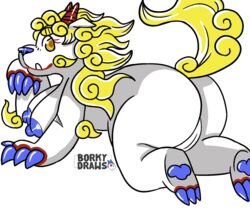 anthro asian_mythology blonde_hair blue_nipples borky-draws breasts claws digital_media_(artwork) east_asian_mythology female fur hair horn korean_mythology lying mammal mythology nipples on_side pussy simple_background solo white_body xiezhi yellow_body yellow_eyes yellow_fur