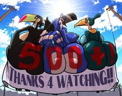 ass avian banner bird blue_sky_studios breasts crossover don_bluth eva_(rio) female looking_at_viewer non-mammal_breasts paint pterodactylus pterosaur ramphastos reina_(mutton_chop) reptile rio_(series) sachasketchy scalie sitting the_land_before_time toucan