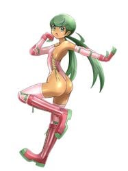 1girls alternate_outfit armor armpits ass back bare_shoulders blush boots breasts clothed cosplay dark-skinned_female dark_skin eye_contact female female_only gloves green_eyes green_hair half-closed_eyes human leg_up long_hair long_twintails looking_at_viewer lurantis lurantis_(cosplay) mallow_(pokemon) nintendo open_mouth pokemon pokemon_(cosplay) pokemon_sm pose shoukin500 small_breasts solo source_request superheroine surprised tan_skin thin_waist thong_leotard tongue twintails white_background