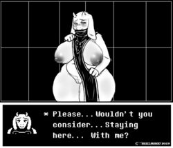 2019 anthro belly big_breasts black_and_white blush boss_monster bovid breasts caprine dialogue digital_media_(artwork) english_text female greyscale horn horns huge_breasts looking_at_viewer mammal mature_female monochrome mostly_nude navel nipples pussy seductive signature solo text thick_thighs toriel undertale urielmanx7 video_games voluptuous wide_hips