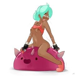 1girls areola beatrix_lebeau_(slime_rancher) blue_hair blush bodily_fluids bottomless breasts clothed clothing dark-skinned_female dark_skin duo female female/ambiguous female_on_top footwear gloves goo_creature hair handwear hi_res human interspecies looking_down mammal maximumpingas nipples on_top open_mouth penetration pink_slime_(slime_rancher) raised_clothing raised_shirt rock_slime sex shirt shirt_lift shoes sitting slime slime_monster slime_rancher spread_legs stomach_bulge sweat