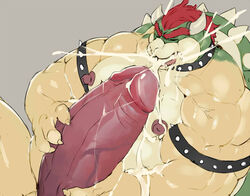 2019 anthro balls barely_visible_balls barely_visible_genitalia belly big_penis bodily_fluids bowser claws closed_eyes collar cum cum_in_mouth cum_in_own_mouth cum_inside cum_on_face cum_on_self cumshot ejaculation erection eyebrows genital_fluids grey_background hair horn huge_cock humanoid_penis hyper hyper_penis koopa male male_only mario_(series) masturbation musclegut muscular muscular_arms muscular_male nintendo nipples open_mouth orgasm overweight overweight_male pecs penis red_hair scalie shell simple_background solo spiked_armlet spiked_collar spiked_shell spikes teeth thick_eyebrows thick_neck vein veiny_penis video_games zerobadguy