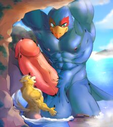 anthro avian ball_fondling balls big_balls big_penis bird bodily_fluids city detailed_background erection falco_lombardi fondling fox_mccloud genital_fluids hi_res humanoid_penis licking looking_down macro male male/male male_only mayar nintendo nipple_lick nipple_play nipple_stimulation nipples oral penile penis penis_lick precum sex ship size_difference smile star_fox tongue tongue_out vehicle video_games worship