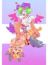 2girls aesthetic blood bloodplay bodily_fluids bondage boobs bound canid canine clothing eyestrain gore harness hi_res legwear mammal medical medical_play multiple_girls nipples nurse socks sparkledog stockings weirdcore wings