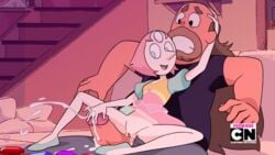 1boy 1girls accurate_art_style bottomless brown_hair cartoon_network cum dress ejaculation eyebrows facial_hair female gem_(species) greg_universe hair male no_panties on_model open_mouth pearl_(steven_universe) penis penis_out pussy pussy_juice shocked smile steven_universe steven_universe:_the_movie style_parody teeth vagina white_skin zone