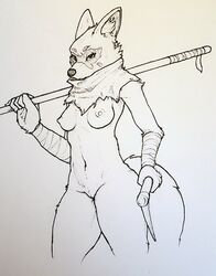 alopex anthro arctic_fox bandage breasts canid canine facial_markings female fox foxovh head_markings hi_res holding_object holding_weapon kama_(weapon) line_art mammal markings mask_(marking) navel nipples pussy simple_background solo teenage_mutant_ninja_turtles weapon