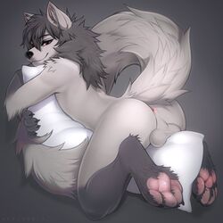 1:1 4_toes angiewolf anthro anus ass backsack balls canid canine claws feet fluffy fluffy_tail genitals grey_body hi_res hindpaw inner_ear_fluff long_tail looking_at_viewer male male_only mammal nude pawpads paws pillow pillow_hug pink_pawpads raised_tail simple_background smile solo toe_claws toes tuft