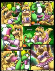 2019 balls blonde_hair blush bodily_fluids breasts cleavage closed_eyes clothed clothing comic crown duo english_text fellatio female genital_fluids green_body green_yoshi hair hi_res horn kitsune_youkai koopa male mario_(series) multicolored_body nintendo open_mouth oral page_6 panties penile penis precum princess_koopa princess_peach pussy_juice saliva saliva_string scalie sex speech_bubble straight super_mario_bros. super_mario_world text tongue tongue_out two_tone_body underwear video_games white_body yellow_body yoshi