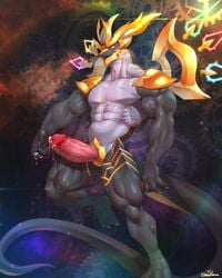 2019 abs absurd_res anthro biceps bodily_fluids chronos_(dragalia_lost) cum cum_on_hand dragalia_lost dragon erection genital_fluids hi_res humanoid_penis male male_only muscular muscular_male nude pecs penis solo space tongue vein veiny_penis vorusuarts