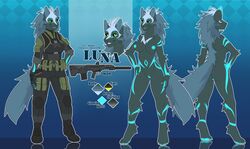 absurd_res anthro ass breasts canid canine canis clone clothed clothing female glowing hi_res hihikori looking_at_viewer luna_(hunterx90) mammal model_sheet nude pose pussy soldier solo uniform warrior wolf