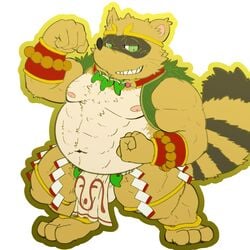 1:1 2019 anthro balls belly brown_body brown_fur bulge canid canine clothing fundoshi fur green_eyes hi_res humanoid_hands japanese_clothing male male_only mammal moobs navel nipples overweight overweight_male raccoon_dog rockmai3 sengoku_puzzle simple_background solo tanuki tokugawa_ieyasu underwear white_background