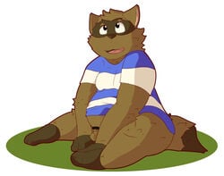 2018 anthro balls belly brown_body brown_fur censored clothing cute_fangs erection fur hi_res male male_only mammal penis procyonid raccoon shirt simple_background sitting slightly_chubby snowhip solo timothy_(tgts) timothy_goes_to_school tongue topwear