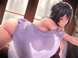 4:3 ass backlighting bangs bare_shoulders bed_sheet bent_over bikini black_hair blush breasts brown_eyes curvaceous female hakai_shin hanging_breasts high_resolution huge_breasts large_ass large_breasts leaning_forward looking_at_viewer medium_hair milf nipples no_bra original pantsu parted_lips purple_panties scarf see-through see-through_silhouette see_through_scarf silhouette solo swimsuit thick_thighs thighs underwear voluptuous wide_hips window