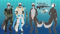 absurd_res anthro armor canid canine canis ethan fur furry gun hair hi_res hihikori katana knight male mammal melee_weapon penis ranged_weapon rifle samurai scared soldier striker sword warrior weapon wolf