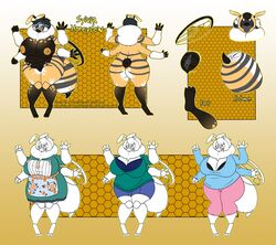 anthro arthropod arthropod_abdomen bee big_breasts breasts clothed clothing eyewear female glasses gradient_background huge_breasts hymenopteran insect_wings insects model_sheet multi_arm multi_limb nipples nude open_mouth phoenix-of-a-down pussy simple_background solo sylvia_honeydew text url wings