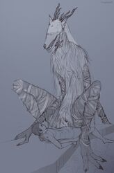 anthro antlers bandage beast_(bloodborne) blindfold bloodborne bodily_fluids bottomless cervid claws clothed clothing cowgirl_position duo erection female female_on_top fromsoftware fur genital_fluids grey_background hi_res horn human human_on_anthro hunter_(bloodborne) interspecies larger_female looking_up lying male male_on_anthro male_penetrating mammal monochrome monster on_back on_top penetration penis pussy pussy_juice sex sharp_teeth simple_background size_difference smaller_male sony_corporation sony_interactive_entertainment straight teeth teratophilia tinyfaceart vaginal_penetration vicar_amelia video_games white_body white_fur