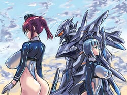 2girls ass dat_ass habutae_kyusetsu huge_breasts mecha outdoor policewoman robot thong_leotard