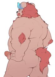 2019 absurd_res anthro ass back_muscles chernobog demon erection fur hi_res horn humanoid_penis male male_only musclegut muscular muscular_male penis pink_body pink_fur quanjiang rear_view tokyo_afterschool_summoners video_games