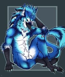 2019 abs animal_genitalia anthro avian balls beak biceps bird blue_body blue_feathers chest_tuft claws digital_media_(artwork) feathers fully_sheathed hand_behind_head hi_res looking_at_viewer male male_only markings muscular muscular_male nude patrikthedog pecs pinup pose scales sheath simple_background sitting smile solo talons tuft white_body white_feathers