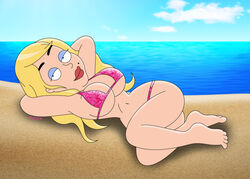 1girls accurate_art_style beach beauty_mark big_boob_june big_breasts bigtyme bikini bikini_bottom bikini_top black_eyes blonde_hair breasts cleavage eyelashes female female_only hair hips large_breasts legs lipstick long_hair mole_under_eye ocean smile the_cleveland_show thighs voluptuous wide_hips