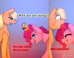 2018 applejack_(mlp) closed_eyes cornelia_nelson dialogue dildo duo earth_pony english_text equid equine fellatio female feral friendship_is_magic hair hi_res horn horse mammal multicolored_hair my_little_pony oral penile pinkie_pie_(mlp) pony sex sex_toy simple_background smile text