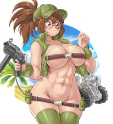 1girls abs beach belt_bra big_breasts breasts brown_eyes brown_hair female_only fio_germi gun large_breasts lewdamone metal_slug snk solo submachine_gun sweat thick_thighs weapon wide_hips