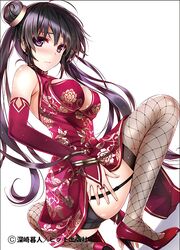 ahoge ass big_breasts black_legwear black_lingerie black_panties blush breasts cheongsam china_dress double_bun dress_aside fishnets garter_straps gauntlets hair_bun hair_ornament heels high_heels jewelry looking_at_viewer misaki_kurehito panties pantyshot purple_eyes purple_hair qipao red_dress red_heels squatting tougetsu_matsuri twintails