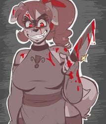 absurd_res anthro blood bodily_fluids canid canine clothing creepy female grin hi_res kibbles kibella knife looking_at_viewer mammal murderer phuufy red_eyes smile solo uberquest webcomic