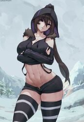 2d artist_name ass belly black_eyes black_hair black_hat black_legwear black_shorts breasts cleavage commission crop_top crossed_arms curvaceous cutesexyrobutts female female_only female_solo hat high_resolution hood hoodie large_ass large_breasts large_filesize light-skinned_female light_skin light_smile looking_at_viewer midriff navel original original_character paid_reward pale-skinned_female pale_skin parted_lips patreon_reward shirovr short_hair short_shorts shorts signature skindentation smile snow solo striped striped_legwear thick_thighs thighhighs thighs very_high_resolution voluptuous vrchat watermark white_legwear wide_hips