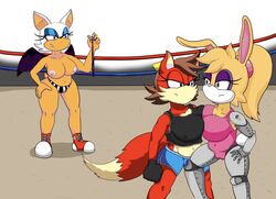 angry big_breasts bottomwear breast_squish breasts breasts_frottage bunnie_rabbot clothed clothing female fight fighting_ring fiona_fox hi_res nipples rouge_the_bat shorts sonic_(series) sport sportswear squish tinydevilhorns tinydevilhorns_(artist) topless