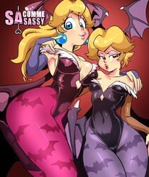 ass big_breasts blonde_hair blue_eyes bridal_gauntlets capcom clothing cosplay darkstalkers dual_persona elbow_gloves flat_chest head_wings leggings leotard lilith_aensland_(cosplay) low_cut_top mario_(series) morrigan_aensland_(cosplay) nintendo paper_mario princess_peach red_eyes sasatseng shadow_queen small_breasts square_crossover thick_thighs wings