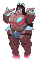 animal_genitalia animal_penis anthro areola_slip belly bimbo blue_eyes blue_lipstick blue_nipples blue_pawpads breasts bulge candy chubbuppy chubby cleavage dickgirl ear_piercing earrings fishnets furry futanari high_heels intersex jean_shorts large_breasts long_hair multi_nipple shoripurin thick_thighs thighhighs trans_woman transfem