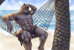 abs anthro balls beach equid equine erection hammock horse humanoid_penis looking_at_viewer male male_only mammal muscular muscular_male nude outside palm_trees penis sand sea seaside seductive solo tree water zhaqez