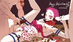 1girls 2boys akaza_(kimetsu_no_yaiba) apron body_markings breasts_out candy censored chocolate demon_slayer erection faceless_male female female_focus finger_in_mouth genderswap_(mtf) handjob imminent_sex kimetsu_no_yaiba looking_at_viewer male naked_apron no_bra no_panties pale-skinned_female pale_skin penis pink_hair pubic_hair rengoku_kyoujurou rule_63 short_hair smile solo_focus tattoos threesome tongue_out umaidkzkwk valentine's_day very_short_hair yellow_eyes