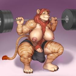 1:1 1futa 4_toes 5_fingers anthro armpit_hair biceps big_breasts bodily_fluids body_hair breasts bulge crouching exercise felid fingers fur futa_only futanari fuzzies4you genital_fluids gynomorph hair happy_trail hi_res hybrid intersex lifting lion looking_at_viewer mammal mane muscles muscular muscular_futanari muscular_gynomorph muscular_intersex nipple_piercing nipples pantherine penis piercing precum precum_through_clothing pubes red_hair shadow smile solo solo_futa stripes sweat tiger toes weights workout