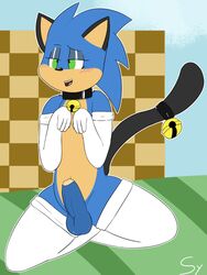 balls bell blush cat_ears_(disambiguation) clothed clothing collar crossdressing gloves handwear hi_res legwear male male_only penis sketchy_yvun sketchyyvun sonic_(series) sonic_the_hedgehog stockings uncut